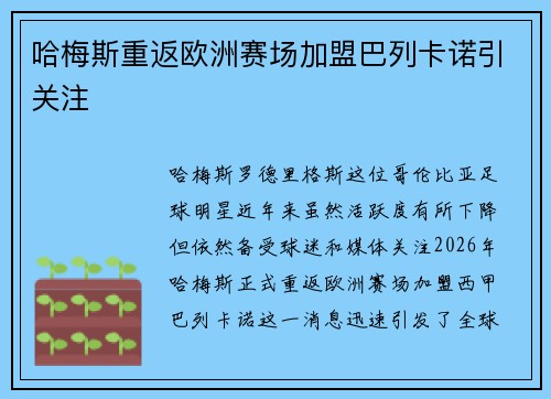 哈梅斯重返欧洲赛场加盟巴列卡诺引关注